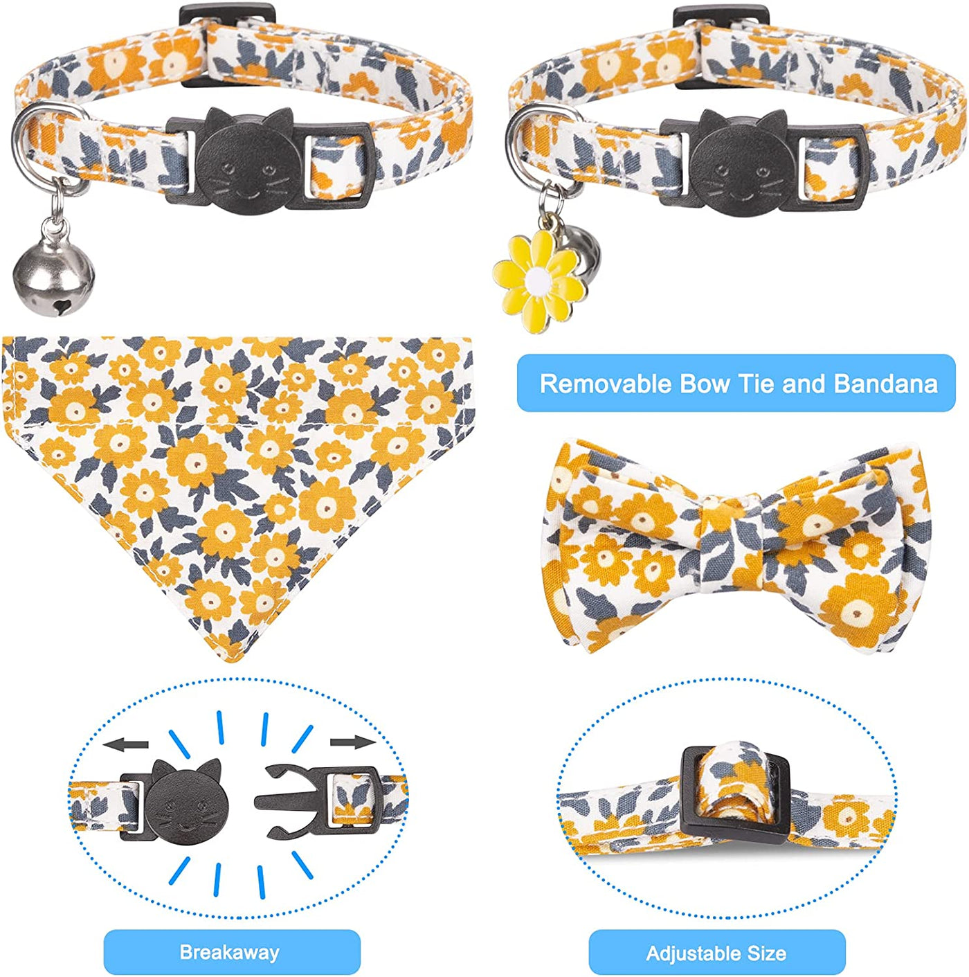 Cat Collars, Kitten Collar, Breakaway Cat Collar, Cat Collar with Bandana, Cat Collar with Bow Tie, Kitten Collar with Bell, Cat Collars for Girl Cats, Personalized Yellow Flower Pet Cat Collar