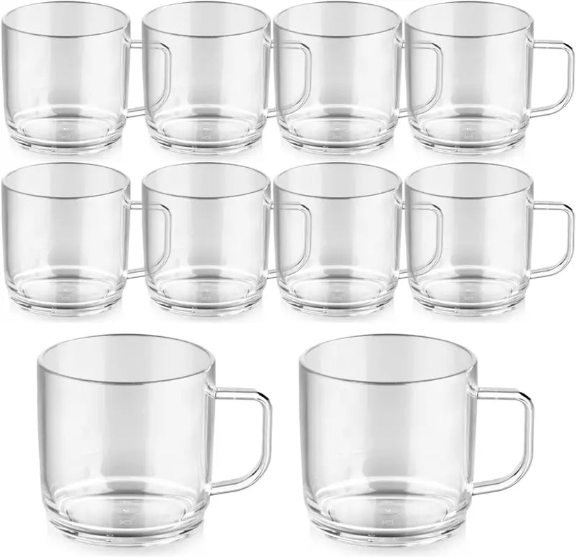 Unbreakable Polycarbonate Plastic Drinking Mugs with Handles - Set of 10 - Ideal for Coffee and Tea - Fully Heat Resistant - 10 Oz Transparent Insulated Drinkware