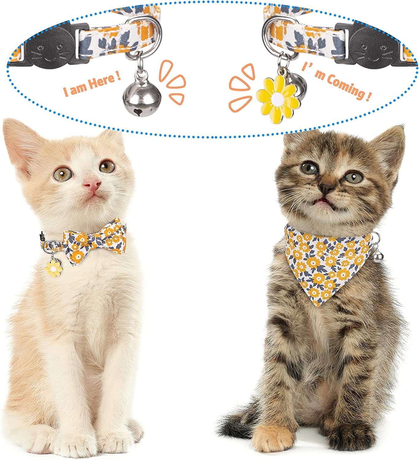 Cat Collars, Kitten Collar, Breakaway Cat Collar, Cat Collar with Bandana, Cat Collar with Bow Tie, Kitten Collar with Bell, Cat Collars for Girl Cats, Personalized Yellow Flower Pet Cat Collar