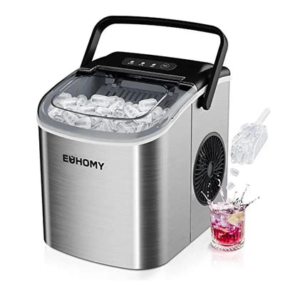 ```EUHOMY Portable Ice Maker with Handle - 26Lbs Daily Production, 9 Ice Cubes in 6 Minutes, Auto-Cleaning, Includes Basket and Scoop - Ideal for Home, Kitchen, Camping, RV (2024 New Silver)```