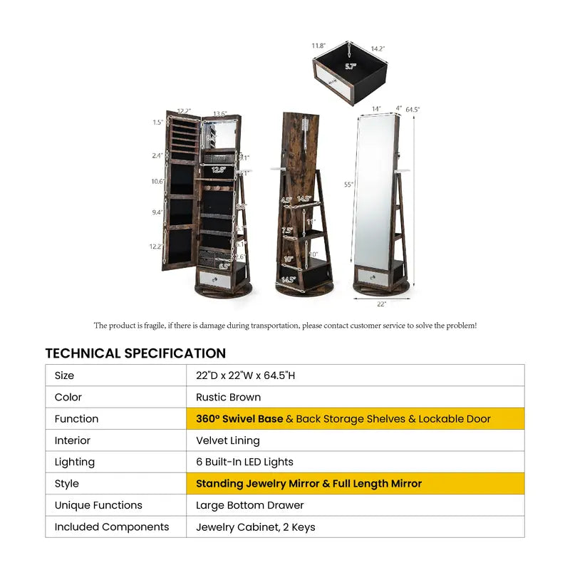 Giantex-Jewelry Armoire with Full Length Mirror, Storage Shelves, Lockable Jewelry Cabinet Organizer, Large Storage Capacity, Perfect for Home, Office