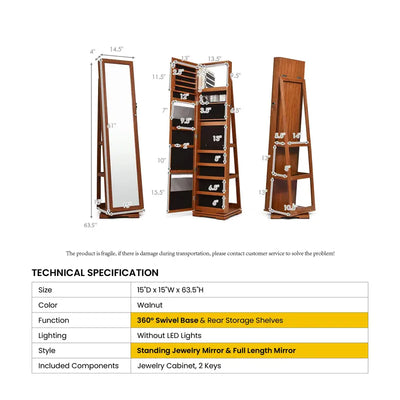 Giantex-Jewelry Armoire with Full Length Mirror, Storage Shelves, Lockable Jewelry Cabinet Organizer, Large Storage Capacity, Perfect for Home, Office