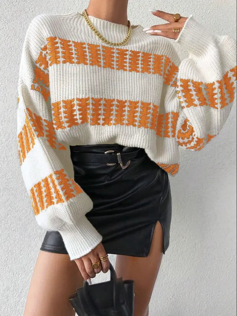 Colorblock Striped Drop Shoulder Sweater for Women, Long Sleeve Round Neck Jumper