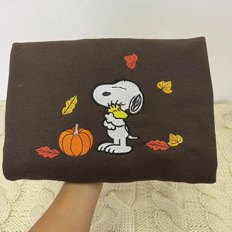 Embroidered Fall Sweatshirt with Vintage Halloween Peanuts Snoopy Pumpkin Design