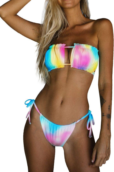 Women Bandeau Bikini Top with Tie Side Thong Bottom Bathing Suit