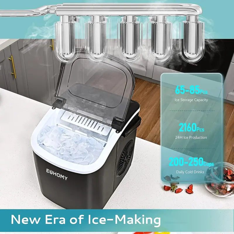 ```EUHOMY Portable Ice Maker with Handle - 26Lbs Daily Production, 9 Ice Cubes in 6 Minutes, Auto-Cleaning, Includes Basket and Scoop - Ideal for Home, Kitchen, Camping, RV (2024 New Silver)```