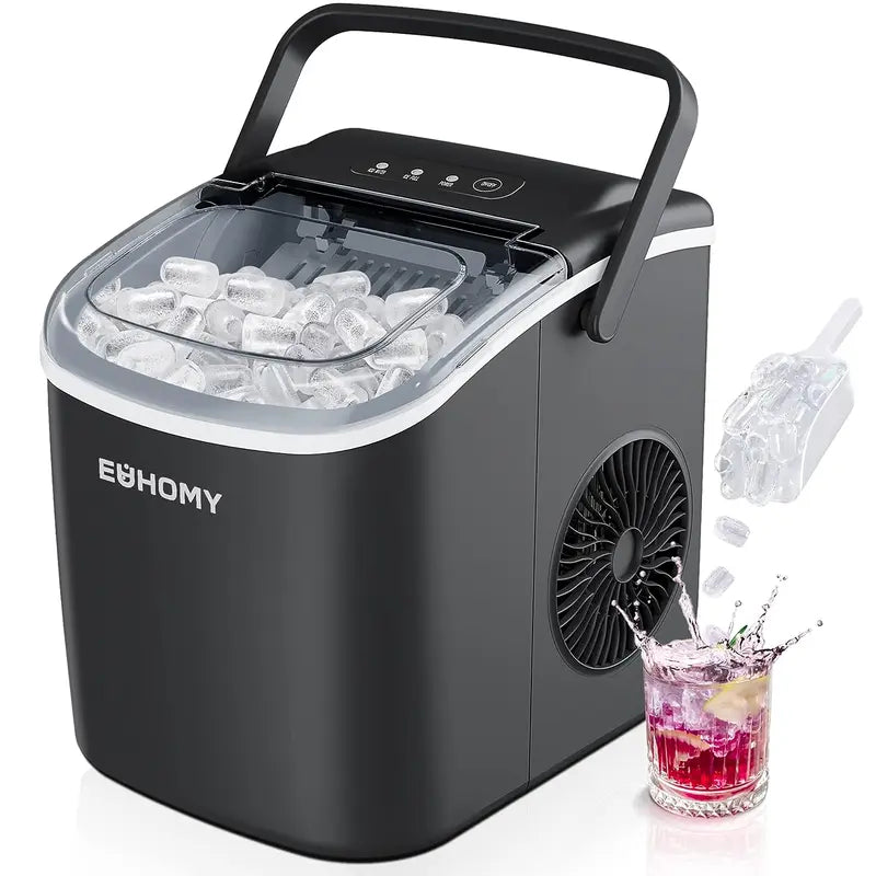 ```EUHOMY Portable Ice Maker with Handle - 26Lbs Daily Production, 9 Ice Cubes in 6 Minutes, Auto-Cleaning, Includes Basket and Scoop - Ideal for Home, Kitchen, Camping, RV (2024 New Silver)```