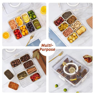 Multi-Compartment Serving Tray with Lid and Handle - Clear Food Storage Box with Snack Organizer - Kitchen Accessories