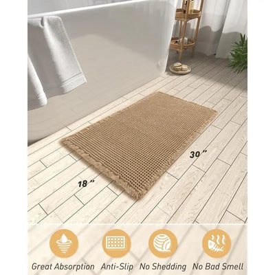 Luxury Waffle Bath Mat with Tassels - Non Slip, Super Absorbent, Machine Washable - Brown, 18" x 30"