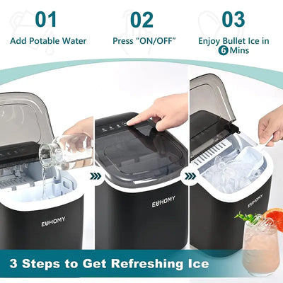 ```EUHOMY Portable Ice Maker with Handle - 26Lbs Daily Production, 9 Ice Cubes in 6 Minutes, Auto-Cleaning, Includes Basket and Scoop - Ideal for Home, Kitchen, Camping, RV (2024 New Silver)```