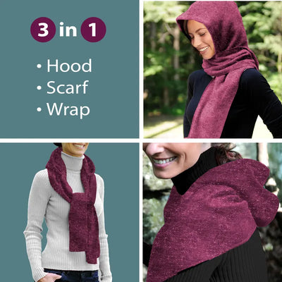 35° below 3-In-1 Hooded Scarf Is Warm and Cozy. Wear as a Scarf, Hoodie and Wrap. Lined with Soft Microfleece and Acrylic Knit. Keeps You Comfortable and Warm in Cool Weather. Easy to Wear, 53” Scarf Length Wraps Easily around Neck and Shoulders.