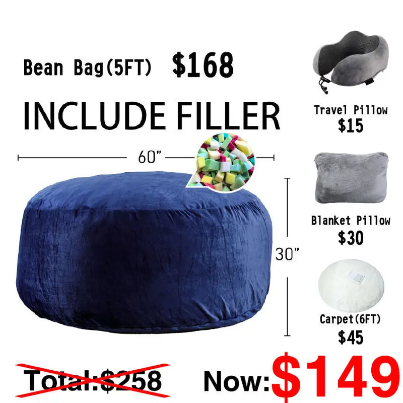 (Tota Value Is $258) Giant 5'FT (With 3 Gifts) Better Lazy Sofa Beanbag Chair USA Free Shipping: Shredded High-Rebound Memory Foam Furniture Extendable Durable Cushion Soft with Flannel Fabric Removable Machine Washable