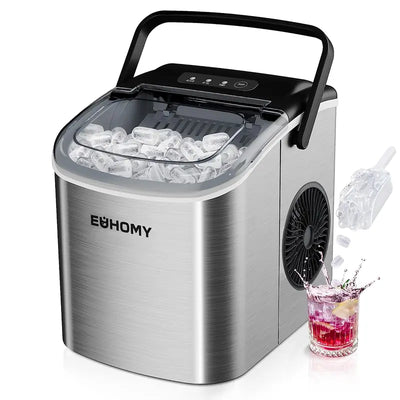 ```EUHOMY Portable Ice Maker with Handle - 26Lbs Daily Production, 9 Ice Cubes in 6 Minutes, Auto-Cleaning, Includes Basket and Scoop - Ideal for Home, Kitchen, Camping, RV (2024 New Silver)```