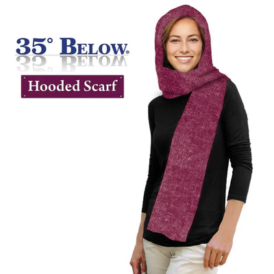 35° below 3-In-1 Hooded Scarf Is Warm and Cozy. Wear as a Scarf, Hoodie and Wrap. Lined with Soft Microfleece and Acrylic Knit. Keeps You Comfortable and Warm in Cool Weather. Easy to Wear, 53” Scarf Length Wraps Easily around Neck and Shoulders.