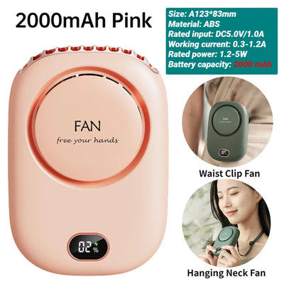 Portable Waist Fan USB Rechargeable Hanging Neck Fan 4000Mah Mini Electric Fans Outdoor Sports Waist Clip on Fan with Power Bank