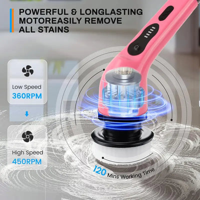 Cordless Electric Spin Scrubber with Extension Rod and Replaceable Brush Heads