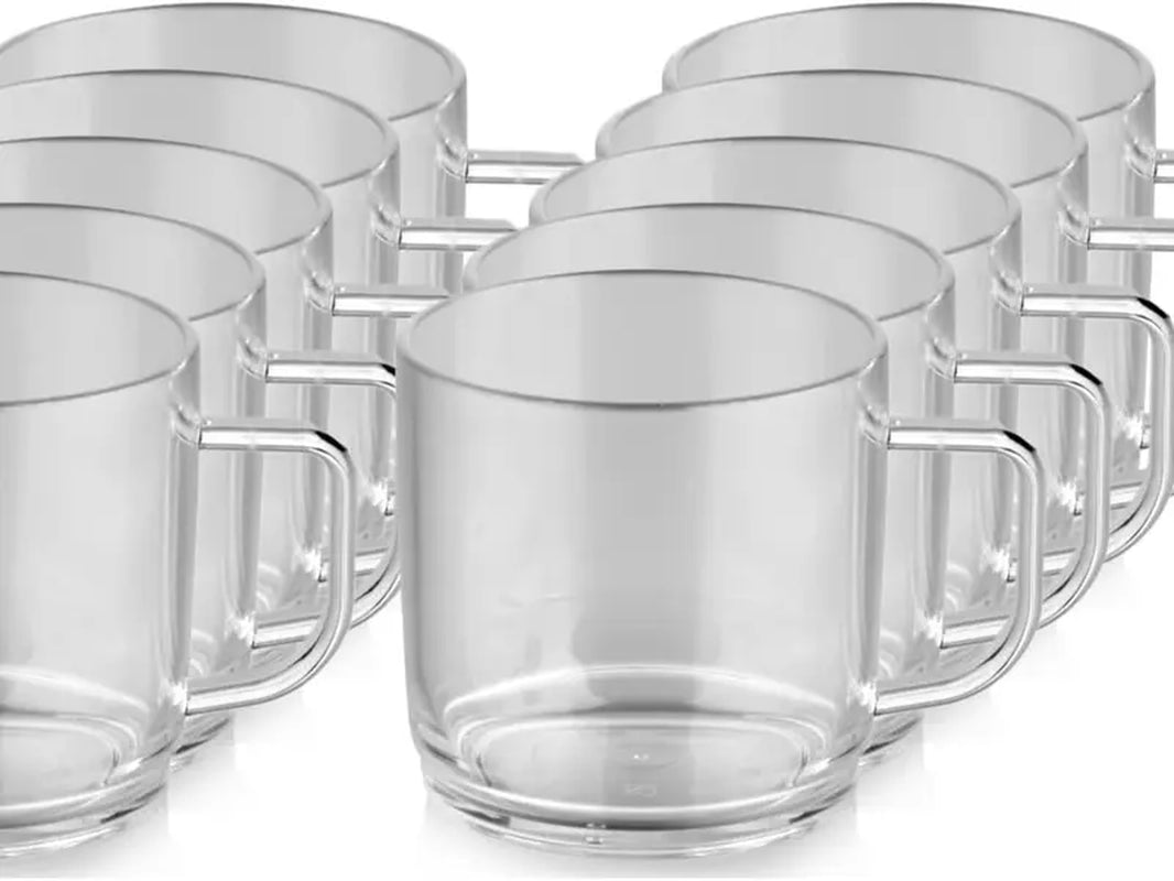 Unbreakable Polycarbonate Plastic Drinking Mugs with Handles - Set of 10 - Ideal for Coffee and Tea - Fully Heat Resistant - 10 Oz Transparent Insulated Drinkware