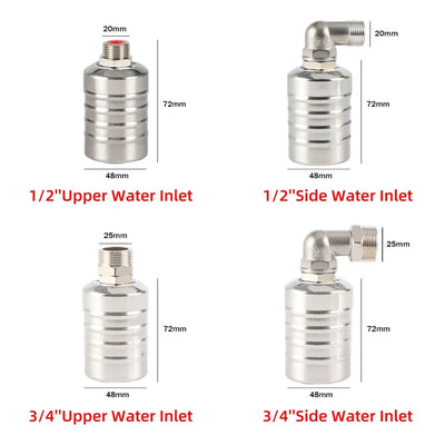 Automatic Water Level Control Valve with Stainless Steel Floating Ball - 1/2" and 3/4" Float Valve for Water Tanks and Towers