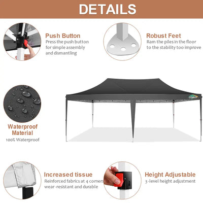 10X20 Pop-Up Canopy Tent with Removable Sidewalls - Water and Windproof, Easy Setup