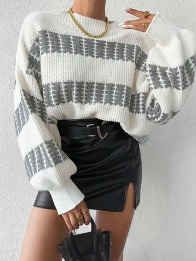 Colorblock Striped Drop Shoulder Sweater for Women, Long Sleeve Round Neck Jumper