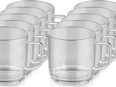 Unbreakable Polycarbonate Plastic Drinking Mugs with Handles - Set of 10 - Ideal for Coffee and Tea - Fully Heat Resistant - 10 Oz Transparent Insulated Drinkware