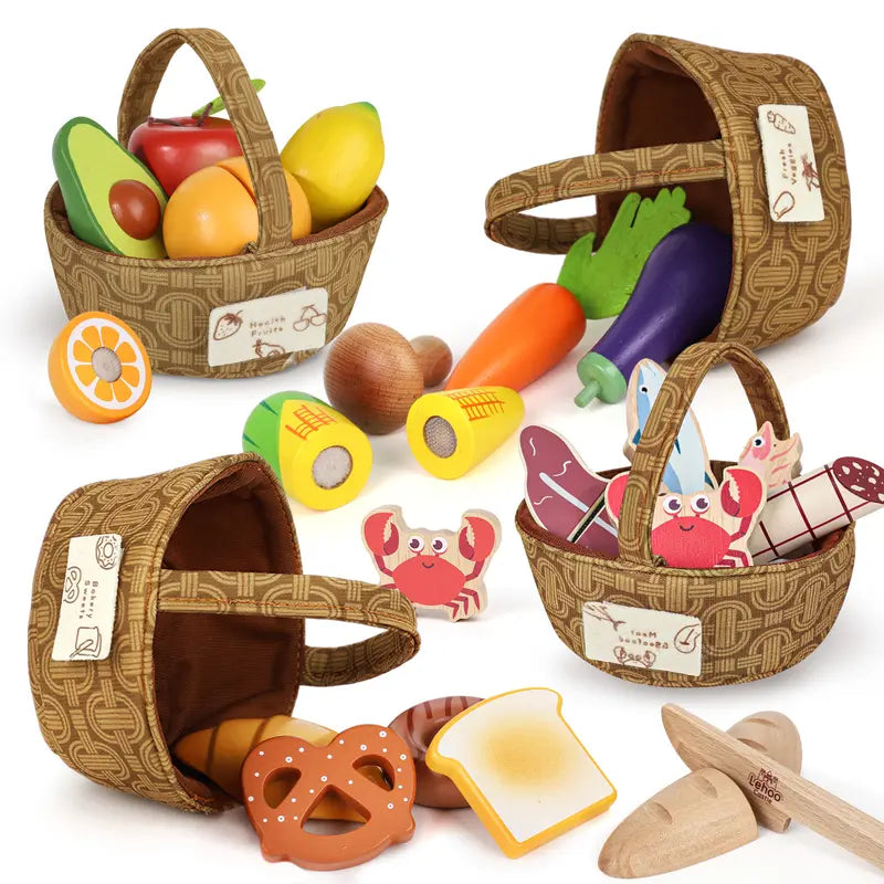 Lehoo Castle Children Play Food, Wooden Play Food, Toys Food for Kids , Pretend Play Cutting Food Toys, Gift for Girls Boys, Pretend Wooden Fruits & Vegetables & Kitchen Accessories with Basket, Cutting Food Toys- Toy Food Educational Gifts