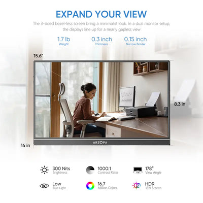 ARZOPA Portable Monitor 15.6'' FHD IPS Display Laptop Monitor 1080P USB C, HDMI Computer Display HDR, Eye Care External Screen W/Smart Cover for PC Mac Xbox Switch PS5 Iphone15 Suitable for Study, Work, Travel, Gaming - S1 Table