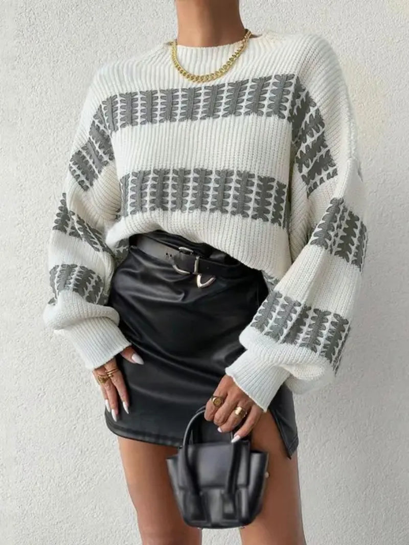 Colorblock Striped Drop Shoulder Sweater for Women, Long Sleeve Round Neck Jumper