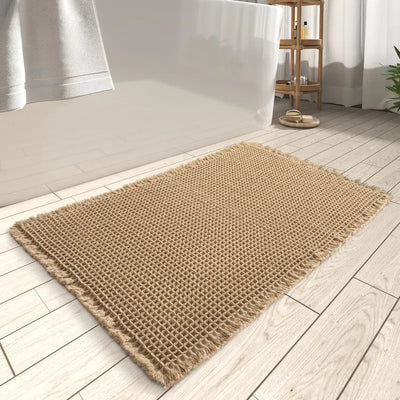 Luxury Waffle Bath Mat with Tassels - Non Slip, Super Absorbent, Machine Washable - Brown, 18" x 30"