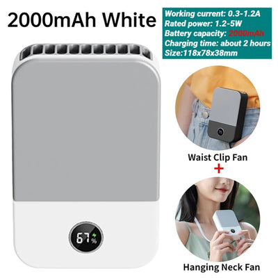 Portable Waist Fan USB Rechargeable Hanging Neck Fan 4000Mah Mini Electric Fans Outdoor Sports Waist Clip on Fan with Power Bank