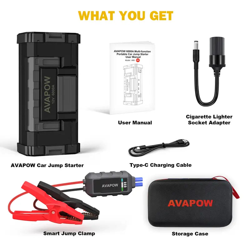 AVAPOW 6000A Car Battery Jump Starter(For All Gas or up to 12L Diesel) Powerful Car Jump Starter with Dual USB Quick Charge and DC Output,12V Jump Pack with Built-In LED Bright Light Batteryjumper Power Tools