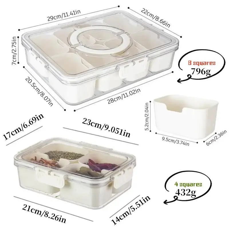 Multi-Compartment Serving Tray with Lid and Handle - Clear Food Storage Box with Snack Organizer - Kitchen Accessories