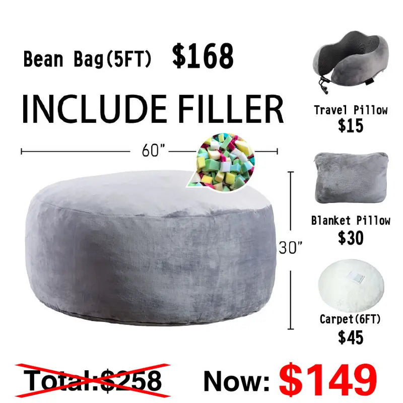 (Tota Value Is $258) Giant 5'FT (With 3 Gifts) Better Lazy Sofa Beanbag Chair USA Free Shipping: Shredded High-Rebound Memory Foam Furniture Extendable Durable Cushion Soft with Flannel Fabric Removable Machine Washable