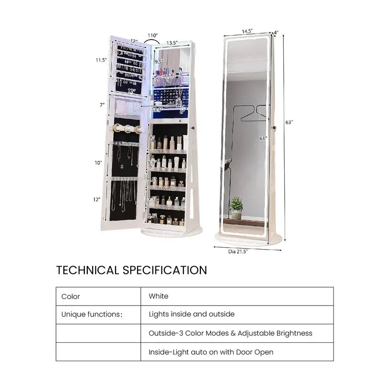 Giantex-Jewelry Armoire with Full Length Mirror, Storage Shelves, Lockable Jewelry Cabinet Organizer, Large Storage Capacity, Perfect for Home, Office