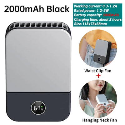 Portable Waist Fan USB Rechargeable Hanging Neck Fan 4000Mah Mini Electric Fans Outdoor Sports Waist Clip on Fan with Power Bank