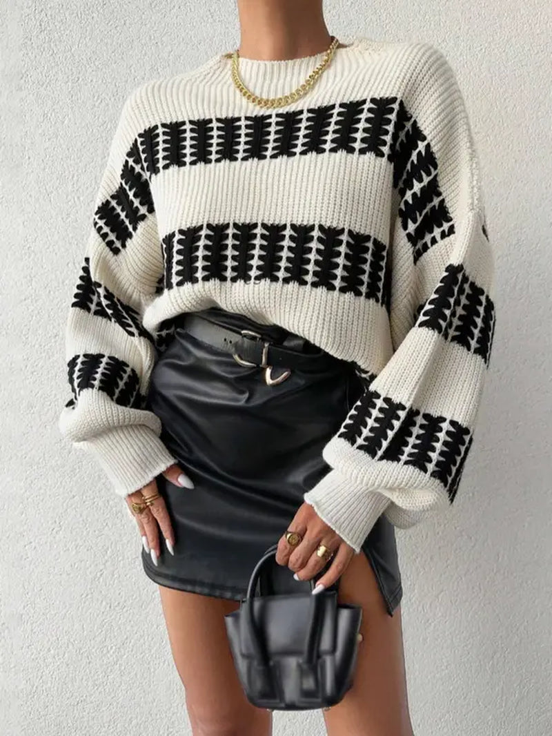 Colorblock Striped Drop Shoulder Sweater for Women, Long Sleeve Round Neck Jumper