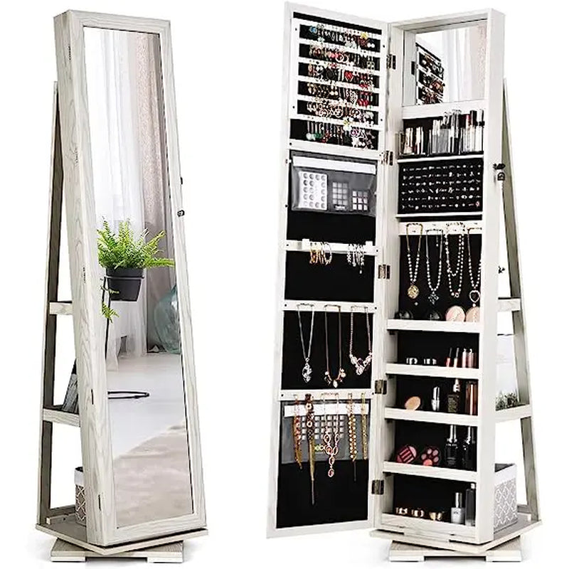 Giantex-Jewelry Armoire with Full Length Mirror, Storage Shelves, Lockable Jewelry Cabinet Organizer, Large Storage Capacity, Perfect for Home, Office