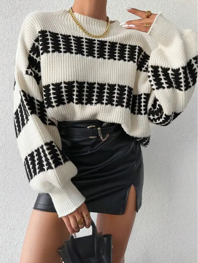 Colorblock Striped Drop Shoulder Sweater for Women, Long Sleeve Round Neck Jumper