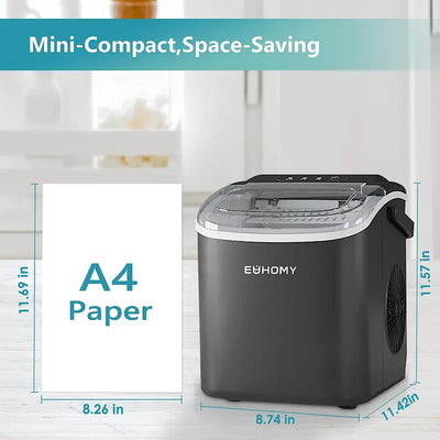 ```EUHOMY Portable Ice Maker with Handle - 26Lbs Daily Production, 9 Ice Cubes in 6 Minutes, Auto-Cleaning, Includes Basket and Scoop - Ideal for Home, Kitchen, Camping, RV (2024 New Silver)```