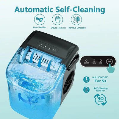 ```EUHOMY Portable Ice Maker with Handle - 26Lbs Daily Production, 9 Ice Cubes in 6 Minutes, Auto-Cleaning, Includes Basket and Scoop - Ideal for Home, Kitchen, Camping, RV (2024 New Silver)```