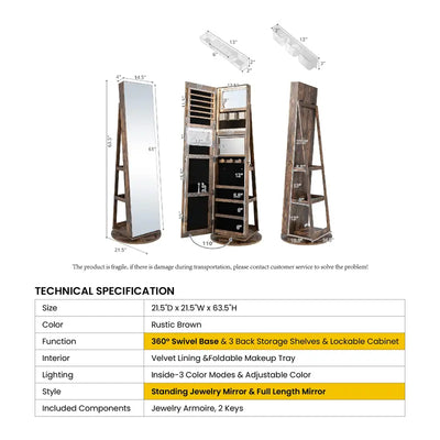 Giantex-Jewelry Armoire with Full Length Mirror, Storage Shelves, Lockable Jewelry Cabinet Organizer, Large Storage Capacity, Perfect for Home, Office