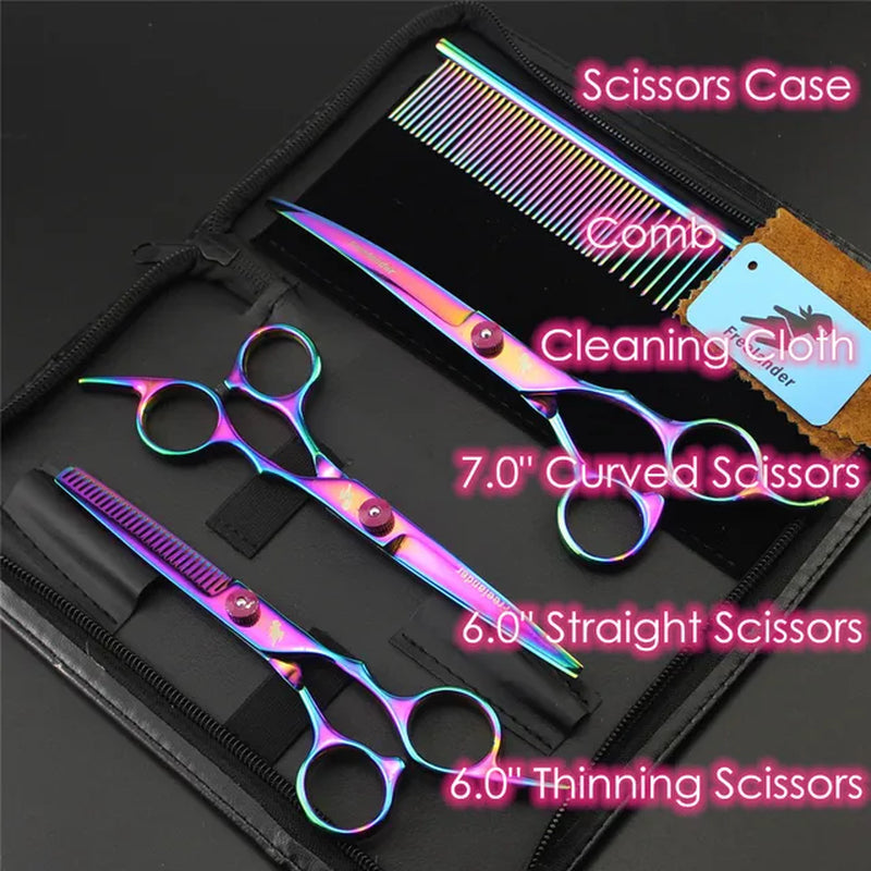 Professional 7.0 Inch Pet Grooming Scissors Set with Straight, Thinning, and Curved Shears + Comb