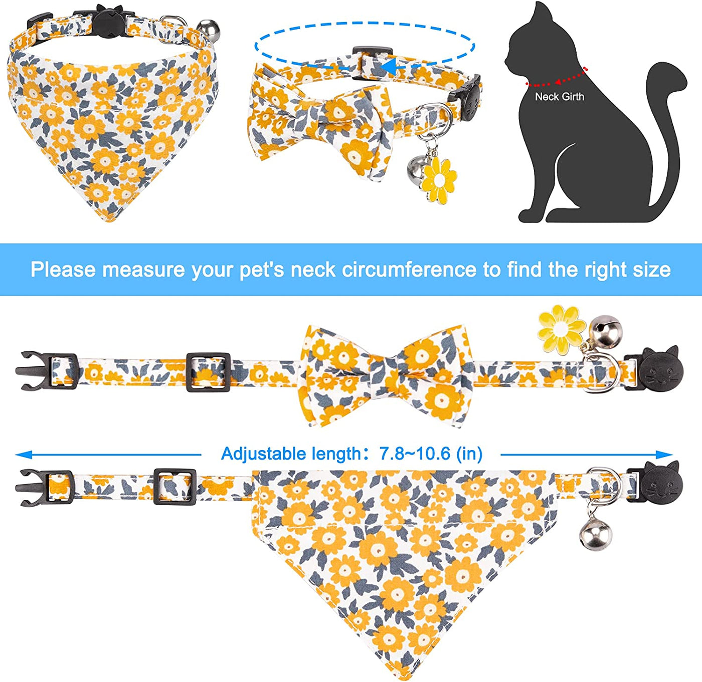 Cat Collars, Kitten Collar, Breakaway Cat Collar, Cat Collar with Bandana, Cat Collar with Bow Tie, Kitten Collar with Bell, Cat Collars for Girl Cats, Personalized Yellow Flower Pet Cat Collar