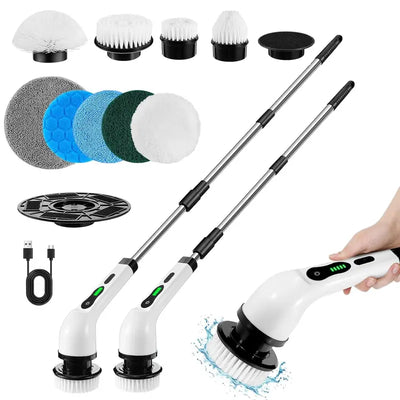 Cordless Electric Spin Scrubber with Extension Rod and Replaceable Brush Heads