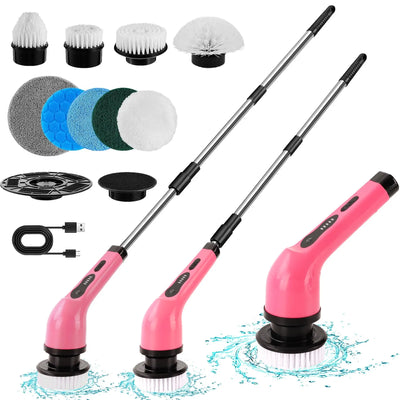 Cordless Electric Spin Scrubber with Extension Rod and Replaceable Brush Heads