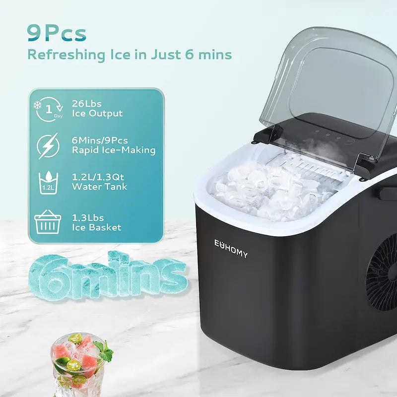 ```EUHOMY Portable Ice Maker with Handle - 26Lbs Daily Production, 9 Ice Cubes in 6 Minutes, Auto-Cleaning, Includes Basket and Scoop - Ideal for Home, Kitchen, Camping, RV (2024 New Silver)```