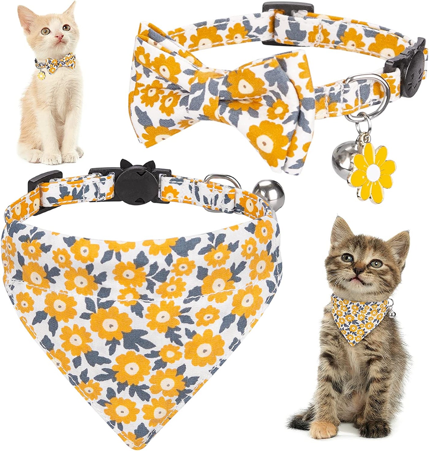 Cat Collars, Kitten Collar, Breakaway Cat Collar, Cat Collar with Bandana, Cat Collar with Bow Tie, Kitten Collar with Bell, Cat Collars for Girl Cats, Personalized Yellow Flower Pet Cat Collar