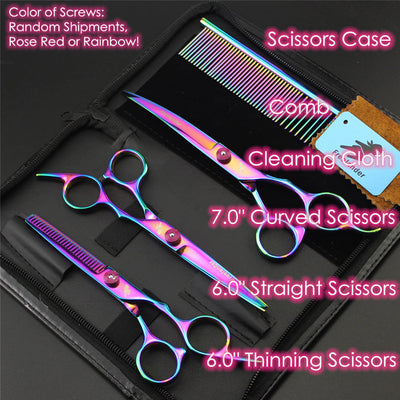 Professional 7.0 Inch Pet Grooming Scissors Set with Straight, Thinning, and Curved Shears + Comb